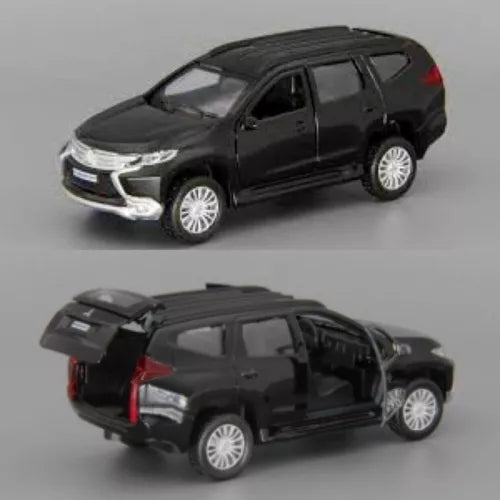 Black 1/36 diecast SUV toy car, detailed front and open-door rear view