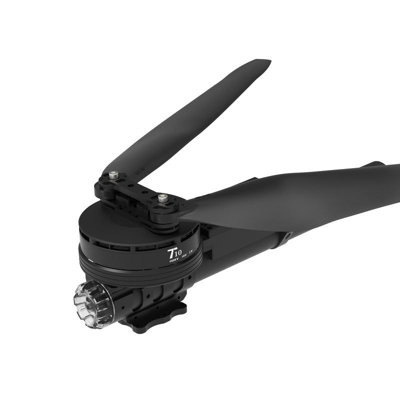 Black folding drone propeller and motor housing with exposed connector