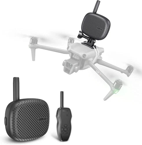 Drone-mounted speaker and handheld walkie-talkie with antennas, dark gray