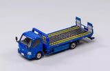 Blue diecast flatbed tow truck model with yellow-striped ramps and side rails