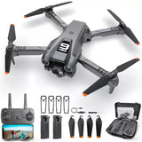 Foldable black quadcopter drone with 1080P camera, orange prop tips and remote controller