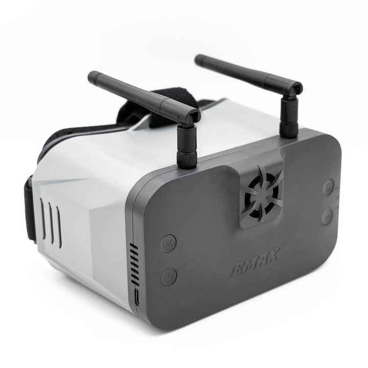 FPV VR video goggles with dual black antennas and cooling fan, white and dark gray