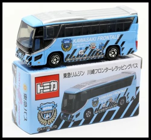 Blue die-cast bus model with black windows, decals, and front grille on display box