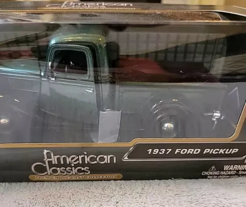 Green 1937 Ford pickup diecast model toy truck in retail box