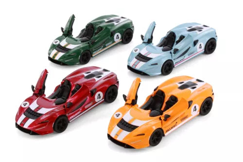 4-pack diecast convertible race cars in green, blue, red, and orange with stripes