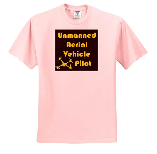 Pink T-shirt with yellow and black unmanned aerial vehicle pilot graphic