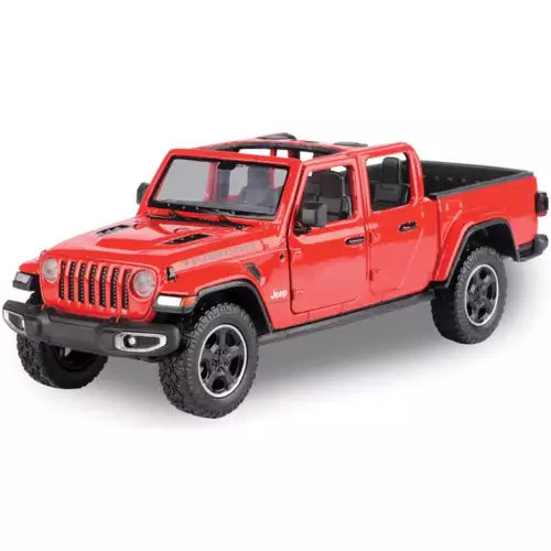 Red 1:27 scale open-top Jeep Gladiator Rubicon diecast pickup with black grille and off-road tires