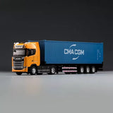 Orange alloy diecast tractor truck with blue CMA CGM container, side view
