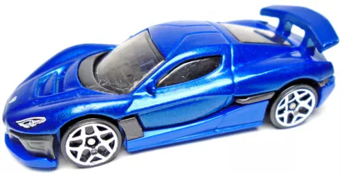 Blue diecast sports car with silver rims and black hood detail