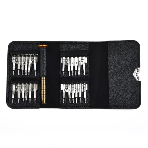 Screwdriver bit repair tool set in black roll-up case with metal bits