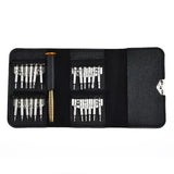 Screwdriver bit repair tool set in black roll-up case with metal bits