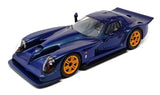 Autoart 1/18 diecast sports car, blue with gold wheels, front 3/4 view