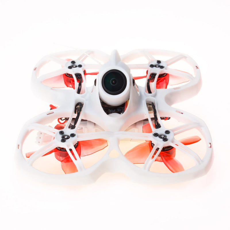 FPV racing drone kit, white quadcopter with four propellers and front camera lens