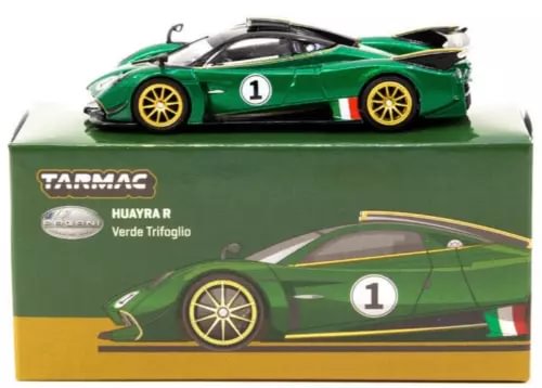 Green 1:64 scale diecast race car model with number 1, on Tarmac box