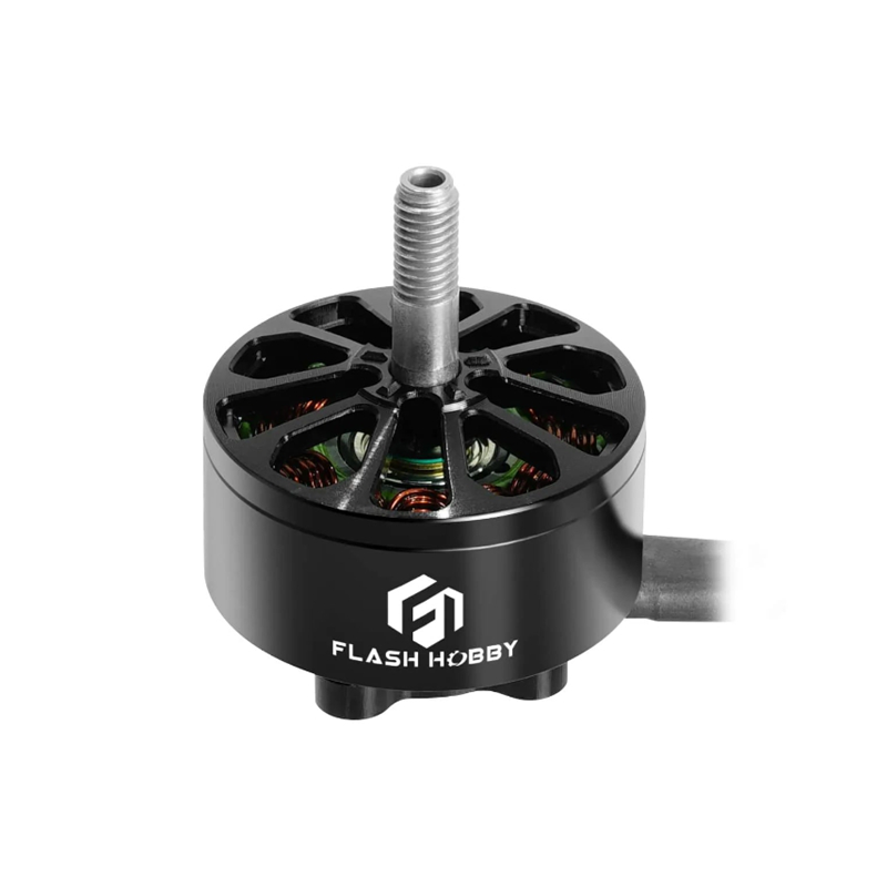 Brushless FPV motor with black housing, threaded shaft, and FLASH HOBBY logo