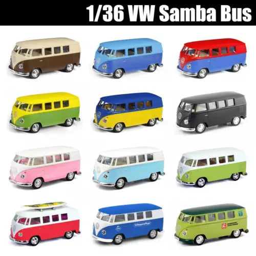Set of 1:36 Volkswagen Samba bus diecast minibus models in assorted colors
