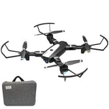 Folding quadcopter drone with camera and gray carrying case