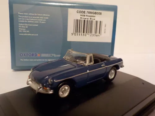 Blue convertible MGB roadster diecast model car, front three-quarter view