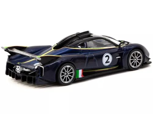 Diecast supercar model in dark blue with yellow stripes and number 2 on side