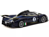 Diecast supercar model in dark blue with yellow stripes and number 2 on side