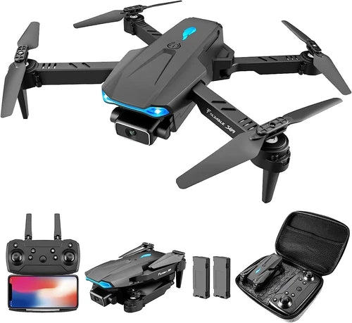Foldable mini FPV drone with dual camera, controller, and carrying case