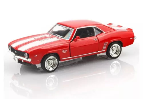 Red 1969 Camaro SS die-cast pull-back toy car, front 3/4 view