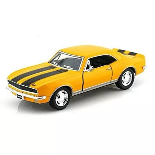Yellow diecast classic coupe model car with black racing stripes, front-left view