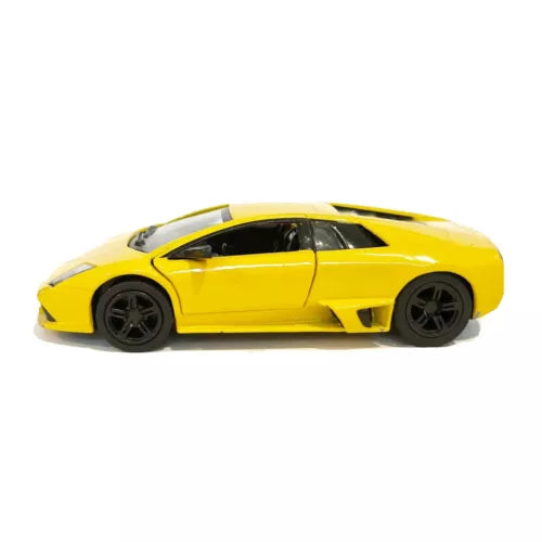 Kinsmart yellow diecast sports car model with black wheels, side profile