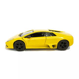 Kinsmart yellow diecast sports car model with black wheels, side profile
