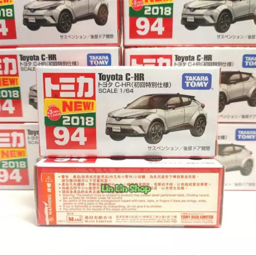 1/64 diecast Toyota C-HR toy in red-and-white retail box with car window