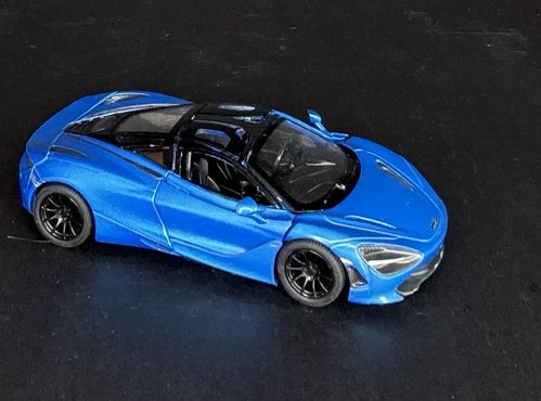Blue diecast toy car, McLaren 720S style, 1:36 scale with open cockpit