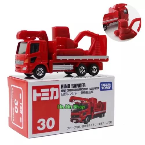 Red diecast Hino Ranger toy truck with flatbed and crane arm, front view.