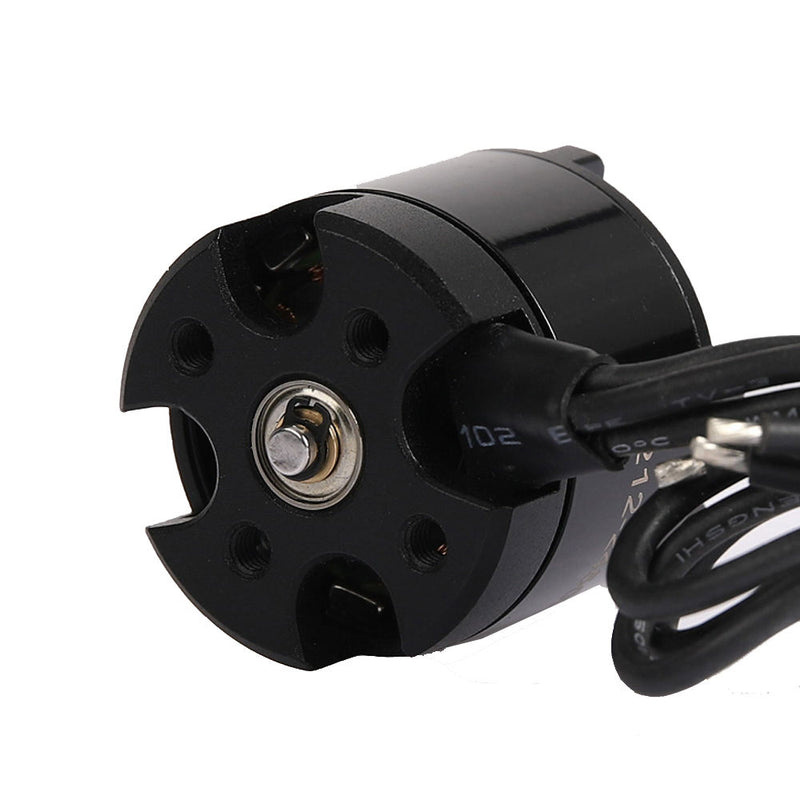Black brushless RC motor with mounting plate and wire leads