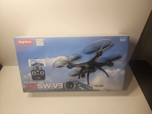 SYMA white quadcopter drone retail box with controller and FPV graphics