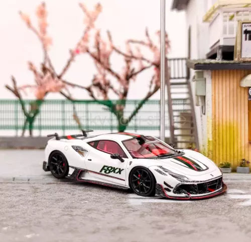 White Mansory F8XX racing sports diecast car model with black wheels and red decals