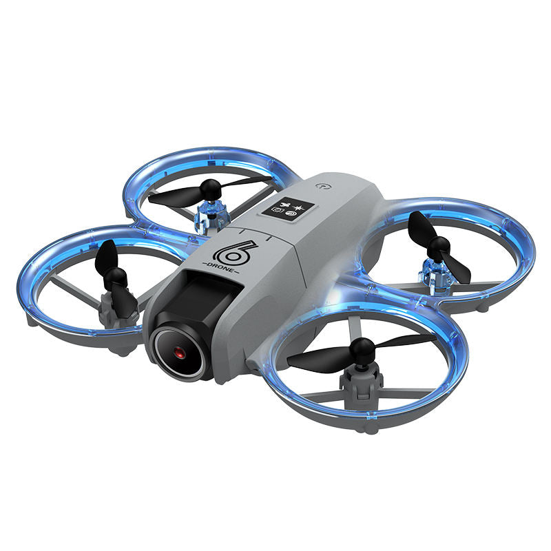 RC quadcopter drone with camera, gray body, four propellers, blue LED ring lights
