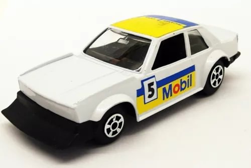 White 1:40 rally diecast car with yellow roof, blue side decals and number 5 Mobil