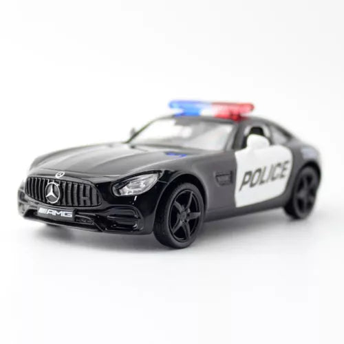 Gray police diecast car with blue-red light bar and 'police' door text