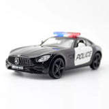 Gray diecast police car model with blue-red roof light bar and Police door lettering