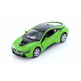 1:36 scale BMW i8 diecast model car, lime green with black hood and silver wheels