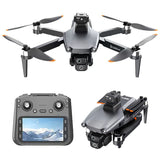 Foldable quadcopter drone with dual camera and fold-out propellers, plus controller screen