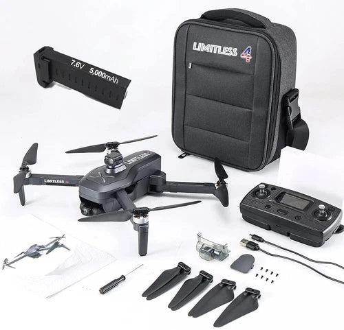 Portable camera drone kit with carry bag, controller, spare battery, and propellers
