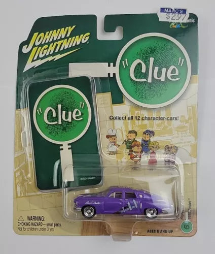 Purple 1:64 scale die-cast car in Clue Professor Plum blister packaging