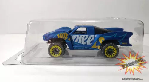 Clear clamshell plastic car case with a blue diecast Hot Wheels-style car inside