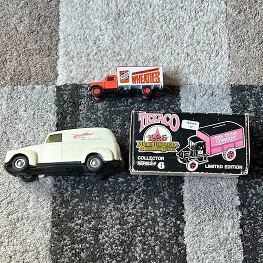 Toy diecast cars: white van and red car with Texaco collector limited edition box