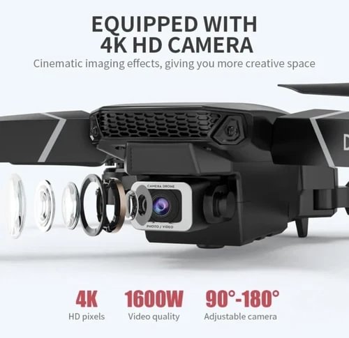4K HD camera drone, front close-up with camera lens and front landing lights