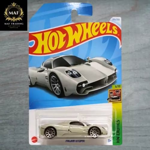 Hot Wheels diecast sports car in clear blister pack, gray/white with black details