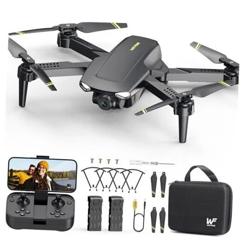Mini quadcopter drone with camera, included controller and carrying case.
