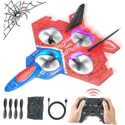 Kids RC drone toy set with red plane body, blue controller, propellers