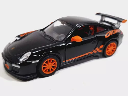 Black 1/36 diecast sports car toy with orange trim, wheels, and rear spoiler.
